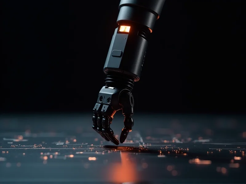 Precyzyjne ramię robotyczne z pomarańczowym wskaźnikiem LED nad świecącą powierzchnią obwodów