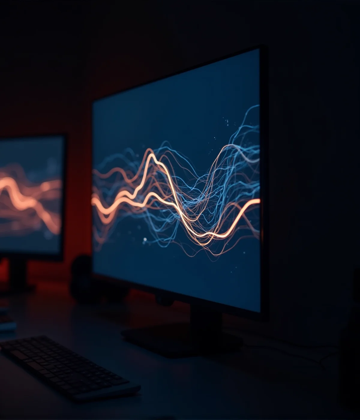 Monitor wyświetlający zaawansowaną wizualizację danych AI — przepływy w kolorze pomarańczowym na ciemnym tle