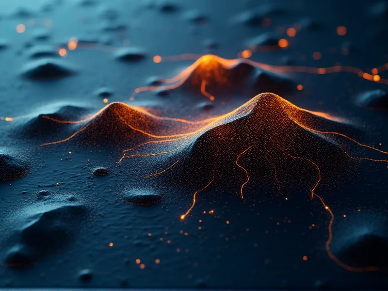 Abstrakcyjna mapa topograficzna z pomarańczowymi punktami widoczności na ciemnym tle